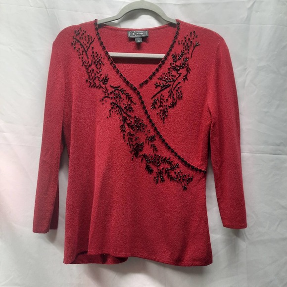 Collection Dress Barn Holiday Christmas New Years Red Sparkle Beaded Sweater M - Picture 1 of 4